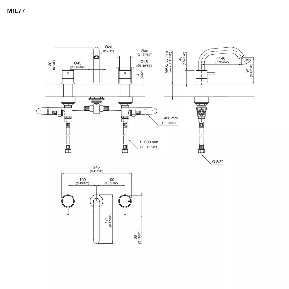 cea MIL 77 Dreiloch-Zweigriffmischer mit Schwenkauslauf , H:130mm, edelstahl satiniert-MIL77S