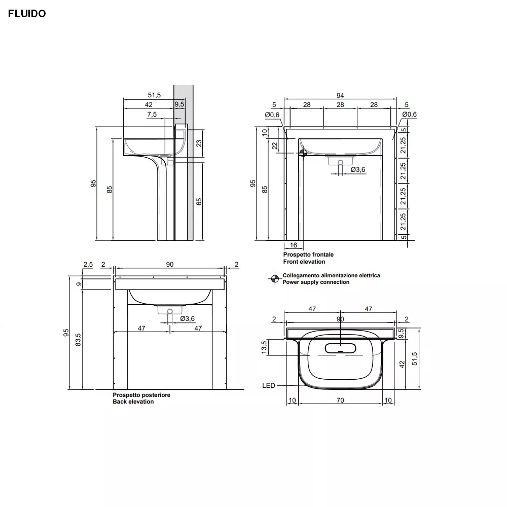 antoniolupi FLUIDO Wandeinbaubecken, 94x51,5x95cm, mit LED-Beleuchtung, weiß matt-FLUIDO