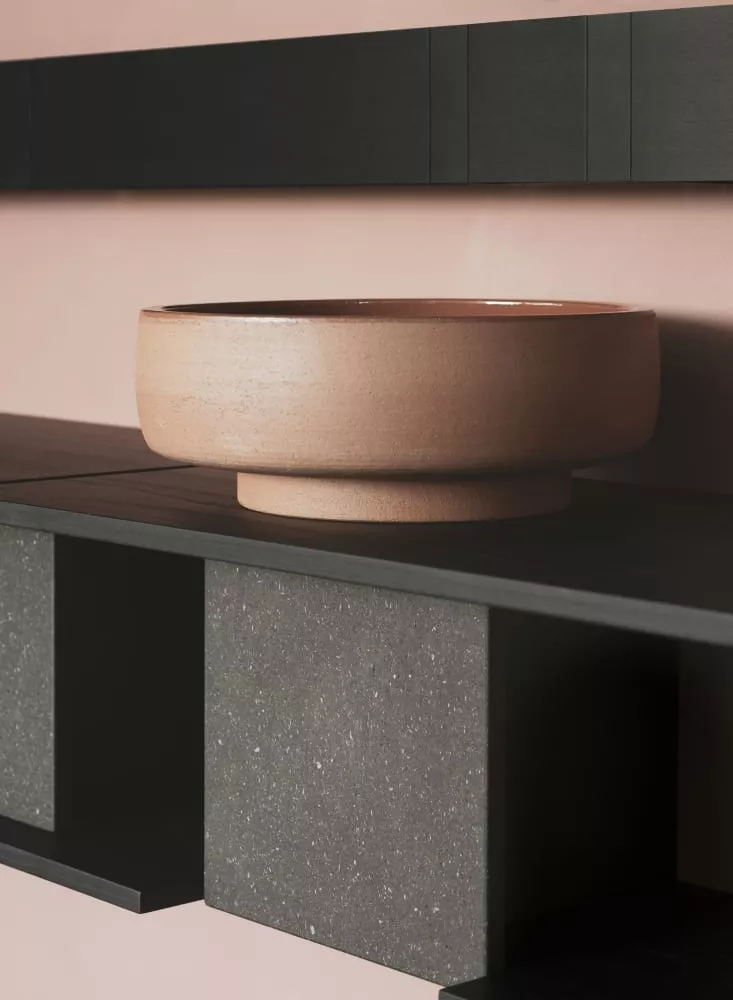 Agape CENOTE tiefes Aufsatzbecken aus Ton, Durchmesser: 42cm, inklusive Ablaufgarnitur, dunkler Ton, weitere Farben auf Anfrage möglich - ACER0420TSST