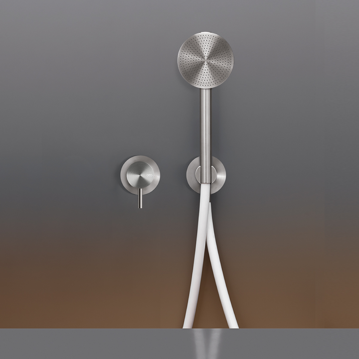 cea MIL 144H Wand-Brause-Eingriffmischer mit Rundkopf-Handbrause D:80mm, edelstahl satiniert, Schlauch weiß-MIL144HWS