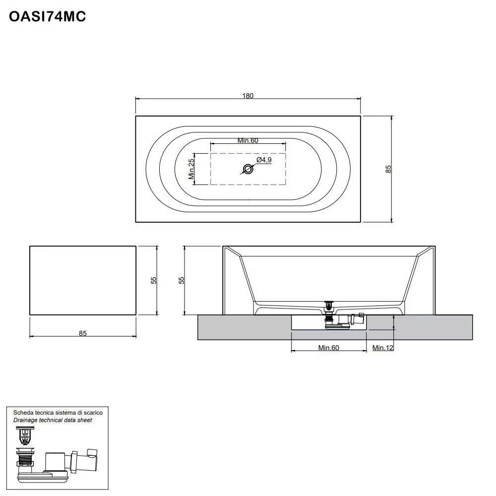 antoniolupi OASI rechteckige freistehende Badewanne aus Cristalplant®, Breite: 180cm, Tiefe: 85cm, weiß matt-OASI74MC
