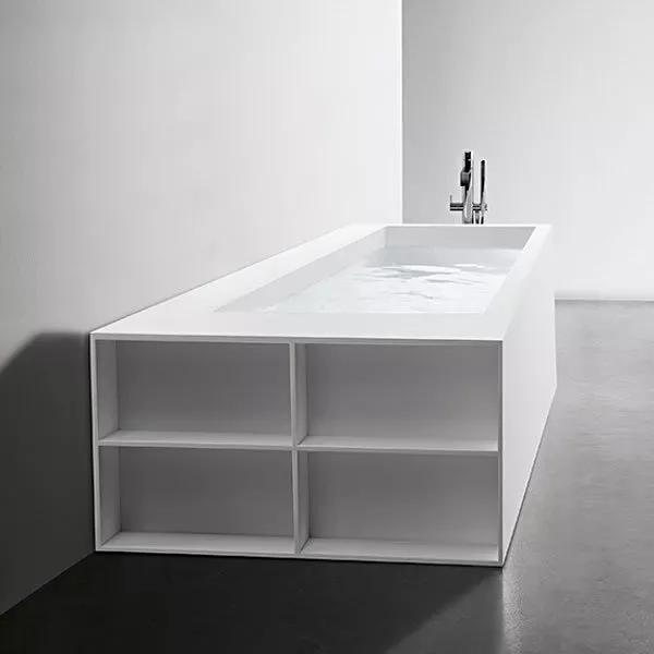 antoniolupi BIBLIO Badewanne mit Armaturenrand hinten und seitlichen Ablagefächern, 190x80x53,5cm, 2 Seiten verkleidet, Version links, weiß matt, Ablaufgarnitur weiß matt-BIBLIO422L_SX