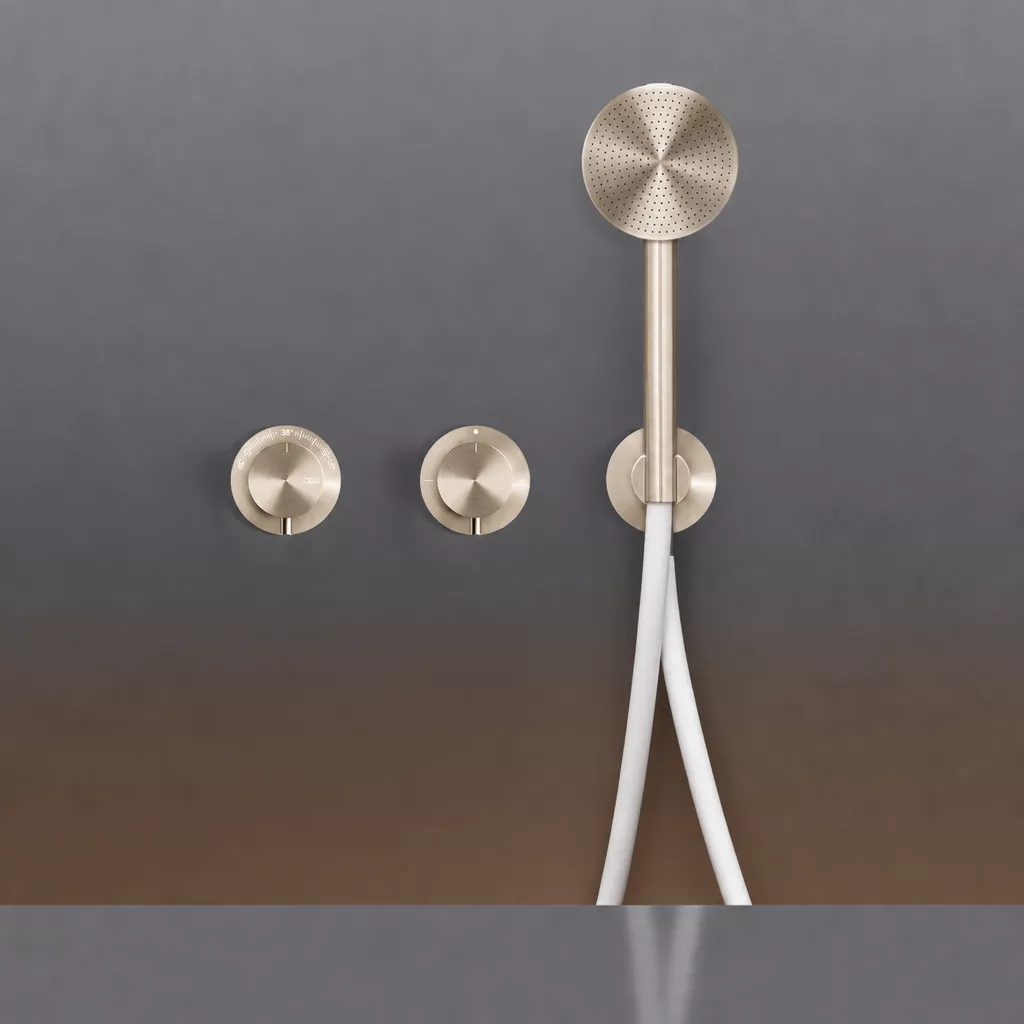 cea MIL 160H Wand-Brause-Thermostat, mit 2/3-Wege-Umstellung und Rundkopf-Handbrause, Durchmesser: 80mm, Schlauchfarbe weiß nach RAL 9016, light gold satiniert - MIL160HWXS cea MIL 160H Wand-Brause-Thermostat, mit 2/3-Wege-Umstellung und Rundkopf-Handbrause, Durchmesser: 80mm, Schlauchfarbe weiß nach RAL 9016, light gold satiniert - MIL160HWXS