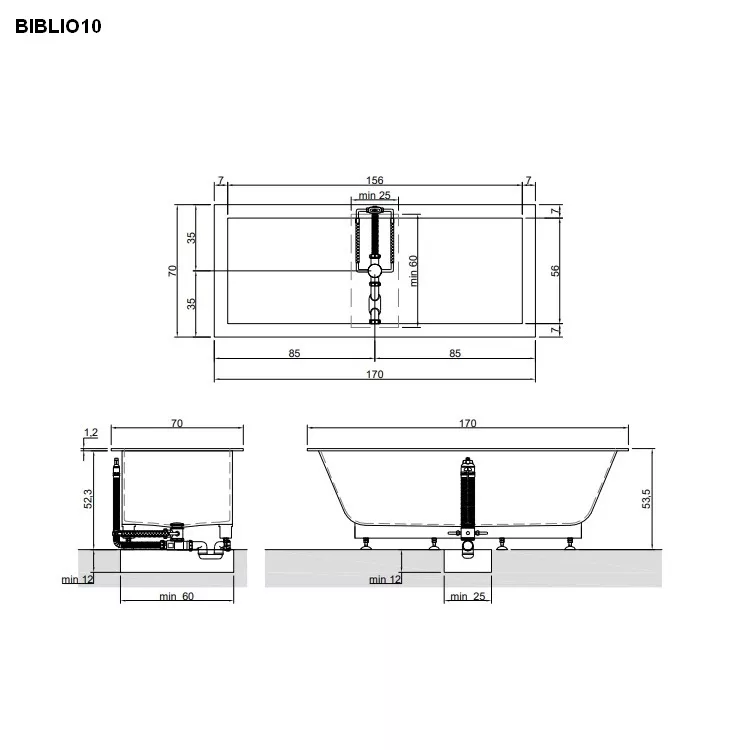 antoniolupi BIBLIO Einbauwanne, 170x70x53,5cm, weiß matt, Ablaufgarnitur weiß matt-BIBLIO10