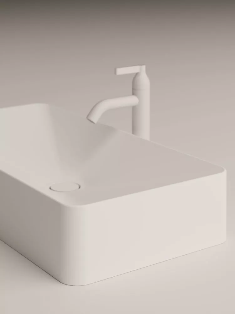 Agape RASO rechteckiges Aufsatzbecken aus Solid Surface, Breite: 70cm, Tiefe: 35cm, Höhe: 13cm, inklusive Ablaufgarnitur, weiß matt - ACER0385ZZ