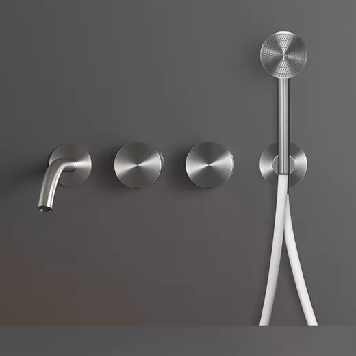cea GIOTTO PLUS Wand-Wannen-Doppel-Eingriffmischer, Ausladung:170mm mit Rundkopf-Handbrause D:65mm, edelstahl satiniert, Schlauchfarbe weiß-GIO94WS