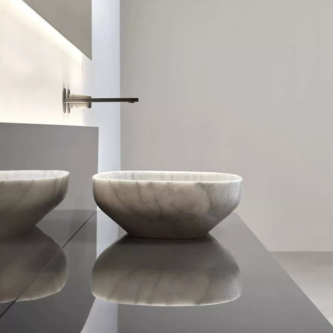 antoniolupi AGO ovales Aufsatzbecken aus Marmor, 60x40cm, bianco carrara, Ablaufgarnitur bianco carrara-AGO160_CARRARA