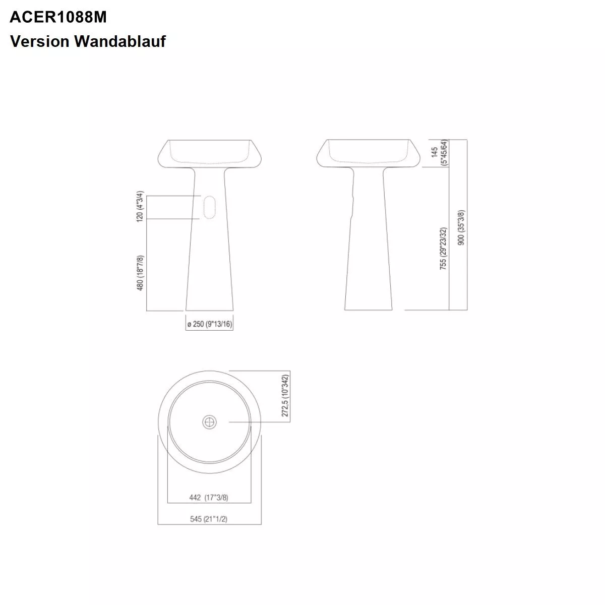 Agape BJHON 2 freistehendes Waschbecken aus Naturstein für Wandablauf, Durchmesser: 54,5cm, Höhe: 90cm, inklusive Ablaufgarnitur, petit granit - ACER1088MPG