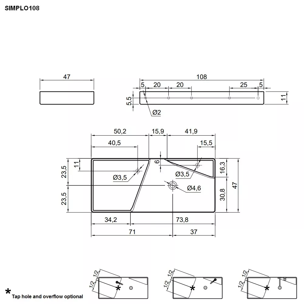 antoniolupi SIMPLO rechteckiges Wandbecken, 108x47cm, mit Hahnloch, weiß matt, Ablaufgarnitur weiß matt - SIMPLO108-2-B-1-0-WB