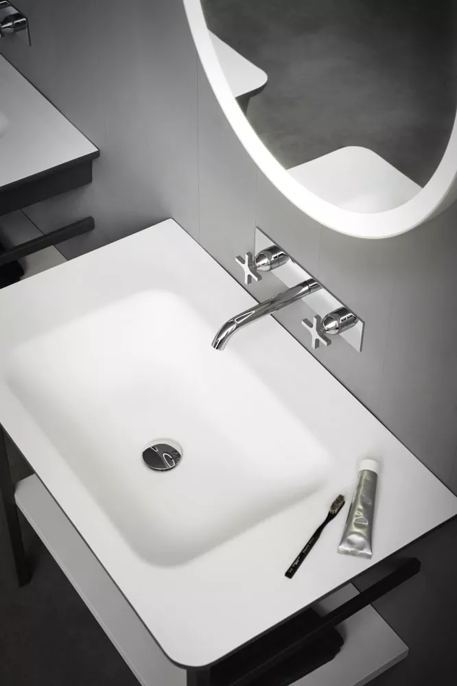 Agape NOVECENTO XL Waschtisch mit Becken aus Ceramilux®, Breite: 90cm, Tiefe: 55cm, Höhe: 85,7cm, ohne Hahnloch, Gestell aus lackiertem Edelstahl, Farbe innen weiß matt, Farbe außen dunkelgrau - ACER10700RBG+ACER1072G