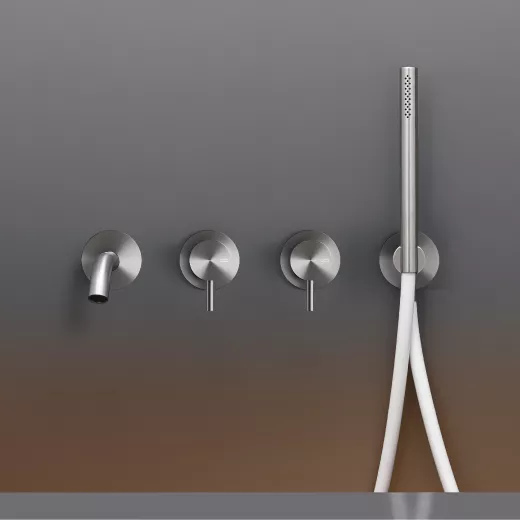 cea MIL 44 Wand-Wannen-Doppel-Eingriffmischer, Ausladung:185mm mit Stabhandbrause, edelstahl satiniert, Schlauch weiß-MIL44WS