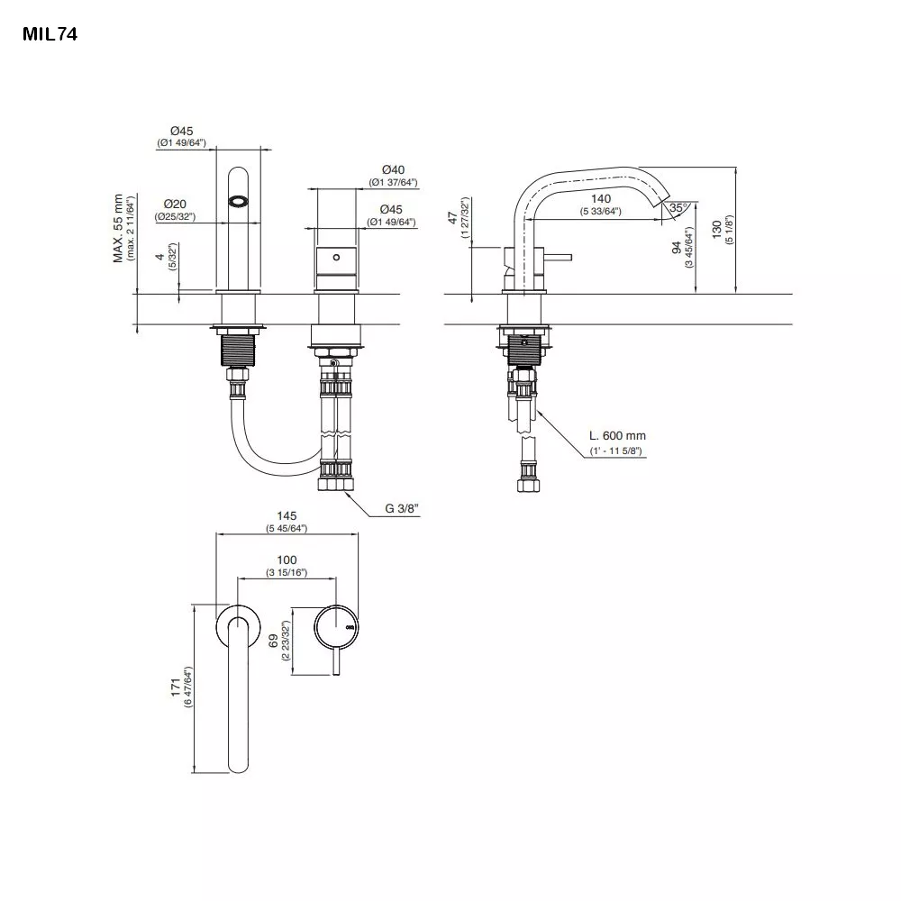 cea MIL 74 Zweiloch-Eingriffmischer mit Schwenkauslauf , H:130mm, edelstahl satiniert-MIL74S