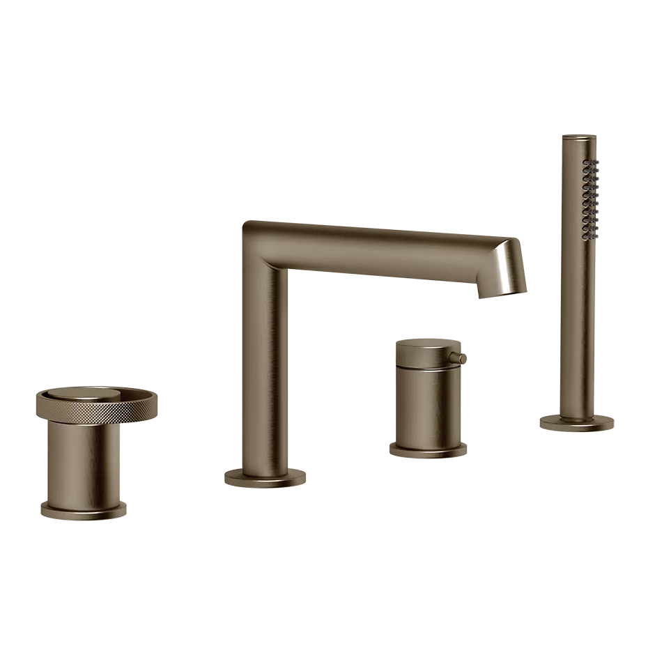 Gessi ANELLO 4-Loch-Wannenarmatur mit Auslauf zur Wannenrandmontage, Ausladung: 190mm, mit 2-Wege-Umlenkkartusche, Umsteller, Schlauch 1,50m und herausziehbarer Antikalk-Handbrause, coffee bronze gebürstet PVD - 63337761