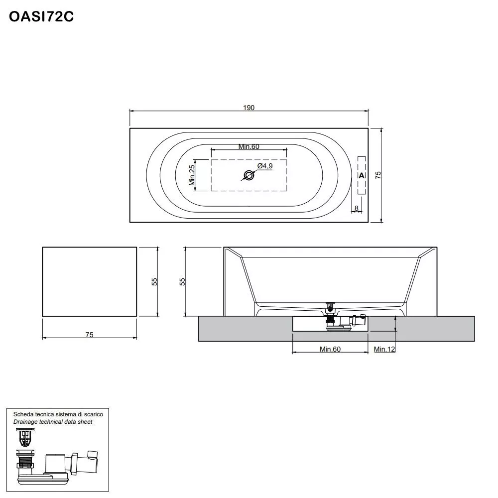 antoniolupi OASI rechteckige freistehende Badewanne aus Cristalplant®, Breite: 190cm, Tiefe: 75cm, weiß matt-OASI72C