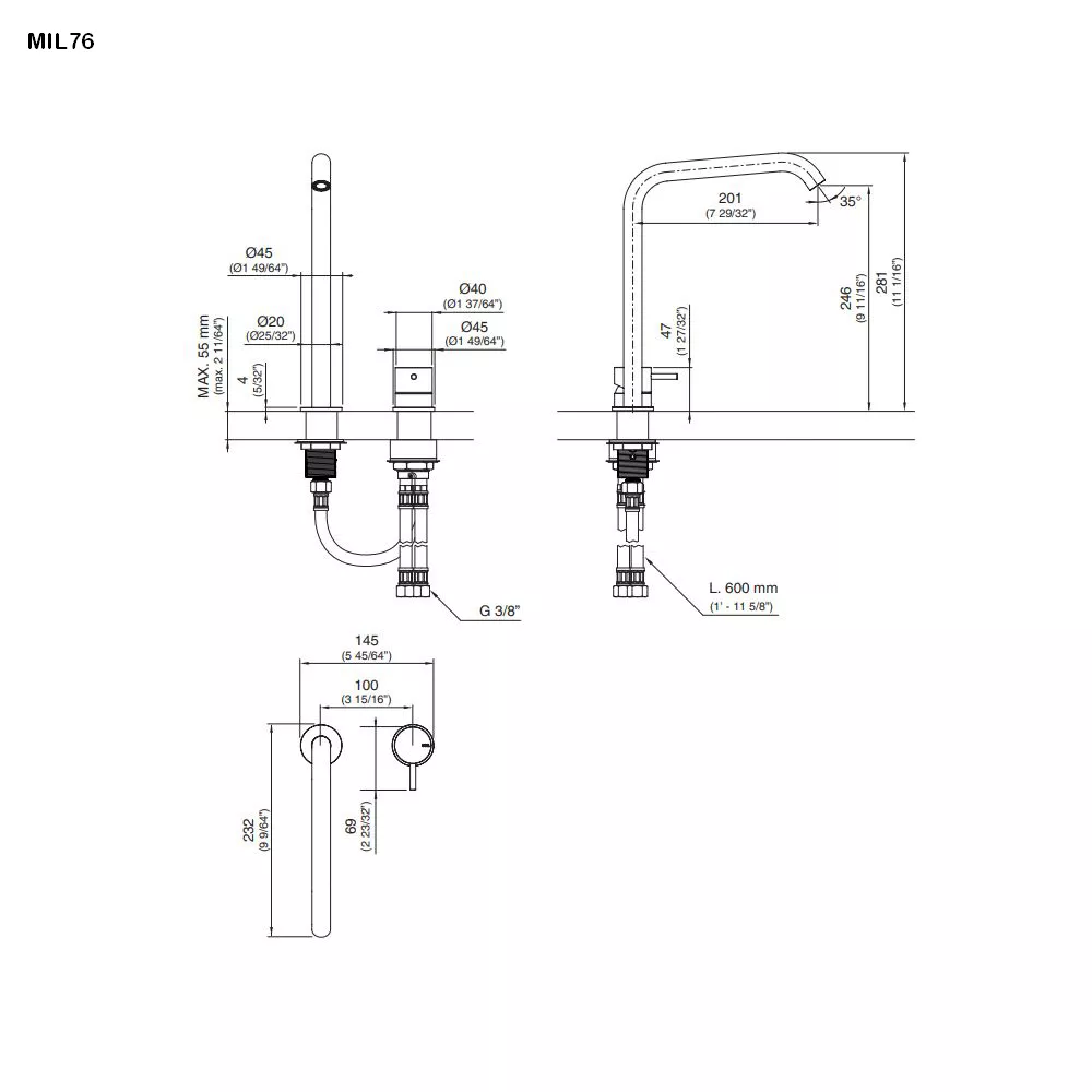 cea MIL 76 Zweiloch-Eingriffmischer mit Schwenkauslauf , H:280mm, edelstahl satiniert-MIL76S