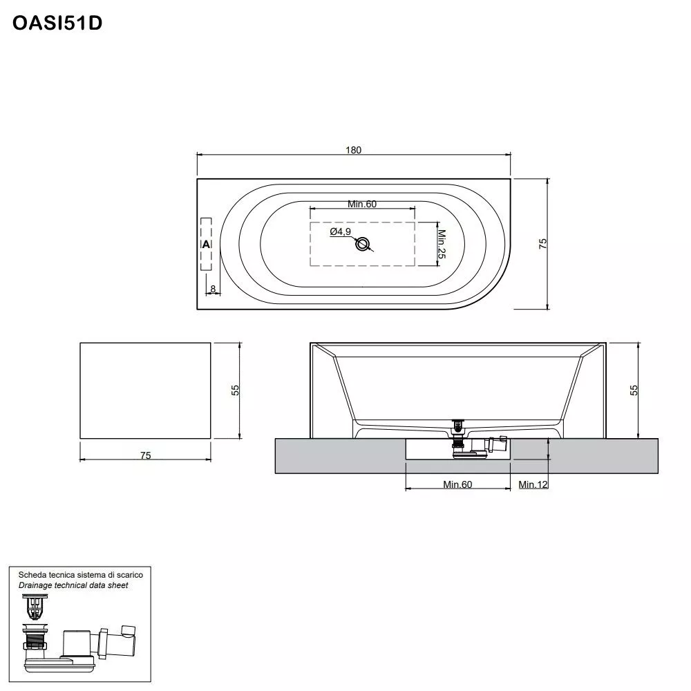 antoniolupi OASI freistehende Badewanne aus Cristalplant® mit einer abgerundeten Kante, Breite: 180cm, Tiefe: 75cm, Version rechts, weiß matt-OASI51D