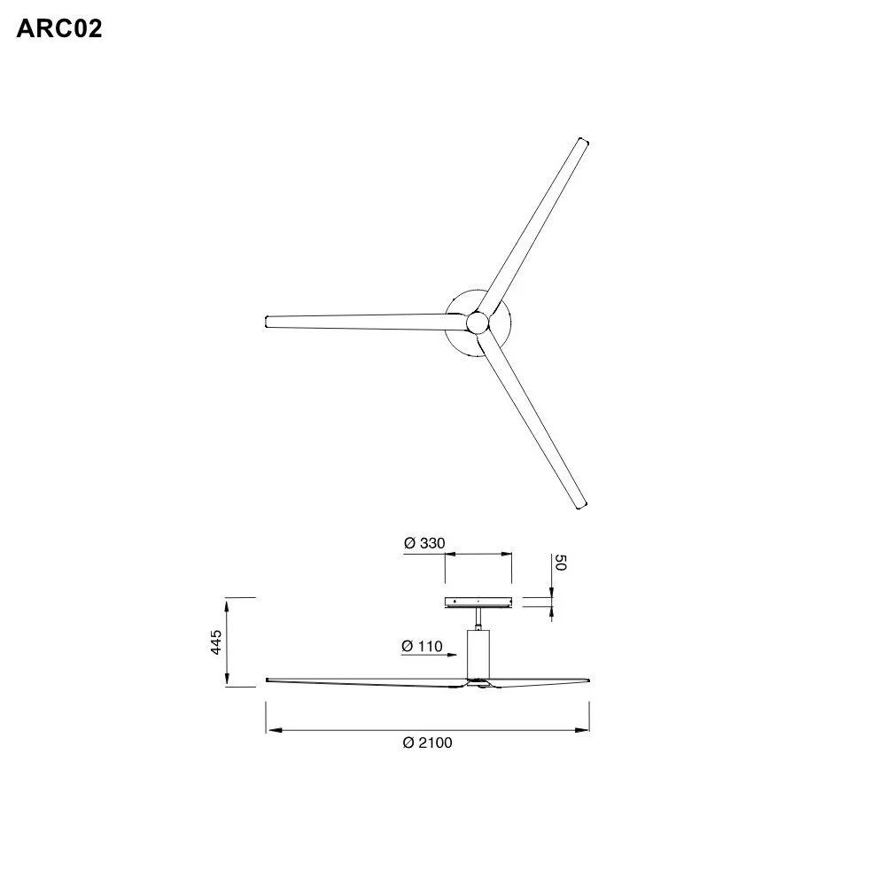 cea ARC02 Deckenventilator mit LED Beleuchtung und Fernbedienung, Durchmesser: 2100mm, Blätter aus Canaletto Nussbaum und Kohlefaser, edelstahl satiniert-ARC02NS