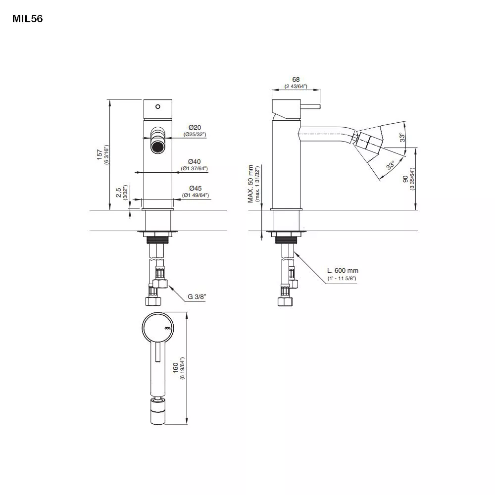 cea MIL 56 Bidet-Eingriffmischer mit beweglichem Perlator, H:155mm, edelstahl satiniert-MIL56S