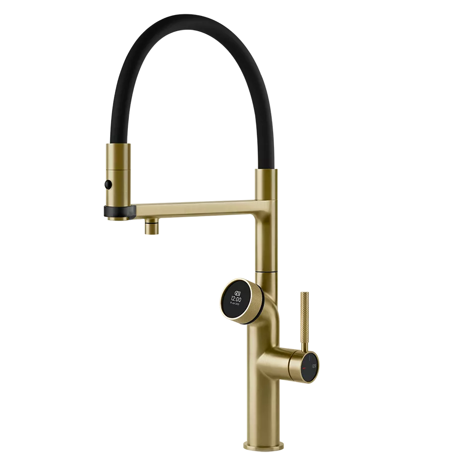 Gessi VITA GESSI Multifunktionsspender mit digitalem Wahlschalter und Semi-Pro Einhebelmischer mit schwenkbarem Auslauf, zu kombinieren mit Kühleinheit 60802 und/oder Heißwassereinheit 60806, messing gebürstet PVD - 60722727