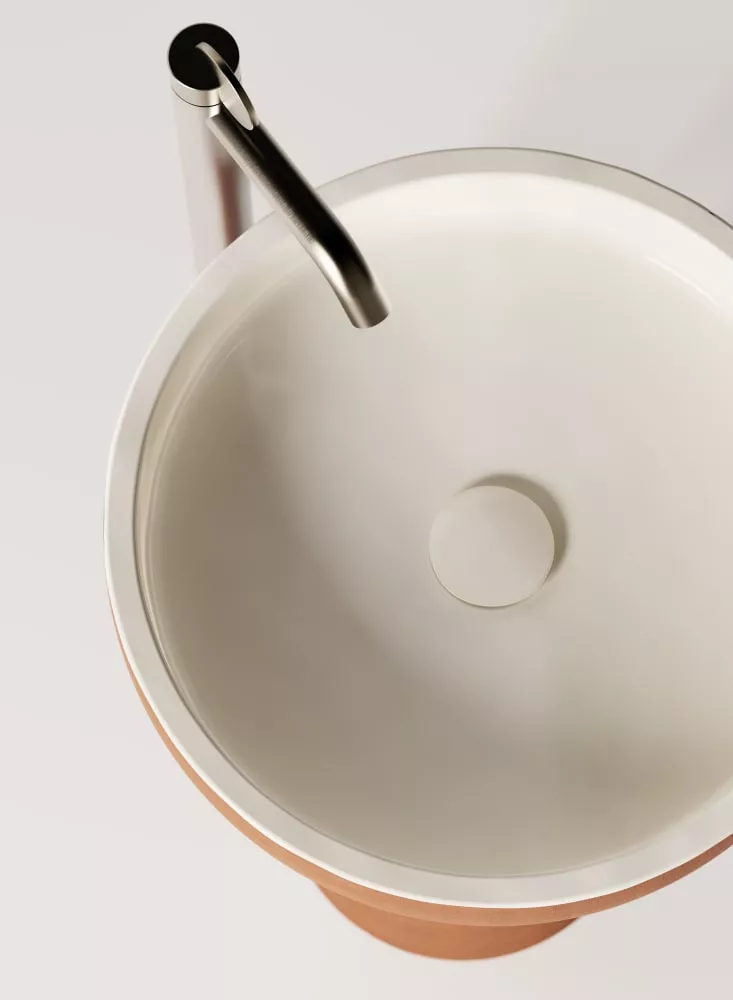 Agape CENOTE freistehendes Waschbecken aus Ton mit tiefem Becken und Bodenablauf, Durchmesser: 42cm, inklusive Ablaufgarnitur, dunkler Ton, weitere Farben und als Wandablauf-Version auf Anfrage möglich - ACER0421FTSST