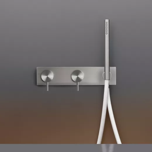 cea MIL 85 Wand-Brause-Doppel-Eingriffmischer mit Stabhandbrause, edelstahl satiniert, Schlauch weiß-MIL85WS
