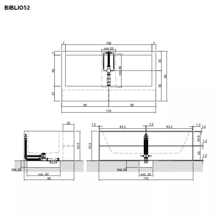 antoniolupi BIBLIO Badewanne mit Frontablagefächern, 170x90x53,5cm, 2 Seiten verkleidet, weiß matt, Ablaufgarnitur chrom-BIBLIO522LLU