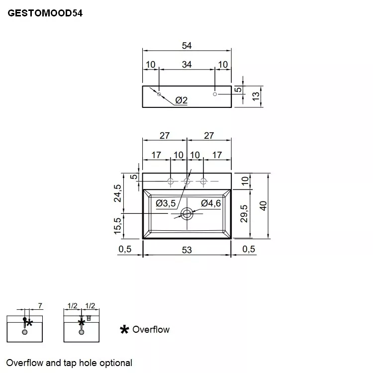 antoniolupi GESTOMOOD rechteckiges Aufsatzbecken, 54x40cm, ohne Hahnloch, weiß matt, Ablaufgarnitur weiß matt-GESTOMOOD54-2-0-0-AB