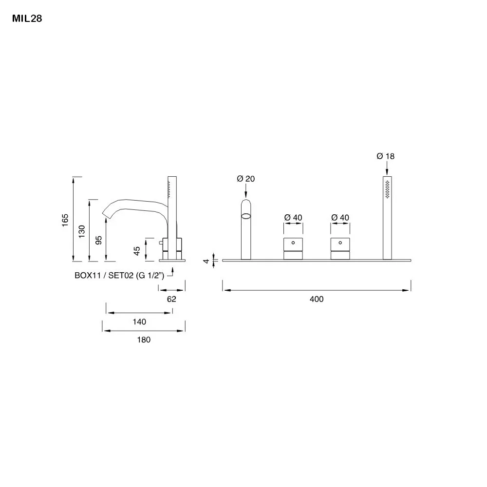 cea MIL 28 Wannen-Thermostat für Randmontage mit 2-Wege-Umstellung, Auslauf und Stabhandbrause, edelstahl satiniert-MIL28S