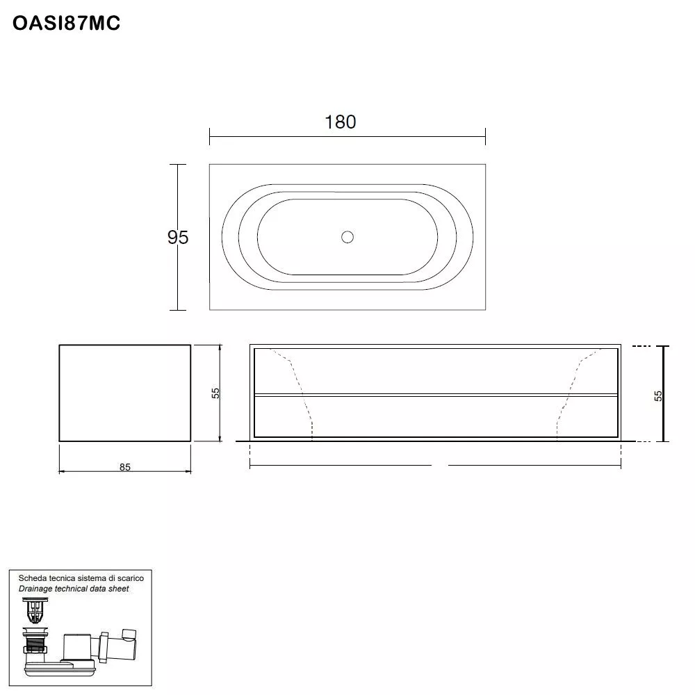 antoniolupi OASI rechteckige freistehende Badewanne aus Cristalplant® mit offenen Fächern, Breite: 180cm, Tiefe: 95cm, weiß matt-OASI87MC