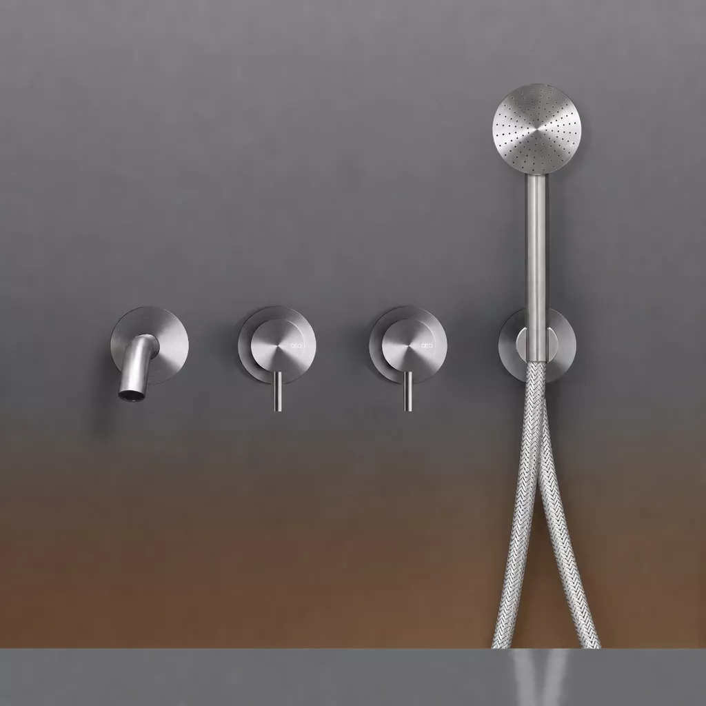 cea MIL 44Y Wand-Wannen-Doppel-Eingriffmischer, Ausladung: 185mm mit Rundkopf-Handbrause, Durchmesser: 65mm, Schlauchfarbe edelstahl, edelstahl satiniert - MIL44YIS cea MIL 44Y Wand-Wannen-Doppel-Eingriffmischer, Ausladung: 185mm mit Rundkopf-Handbrause, Durchmesser: 65mm, Schlauchfarbe edelstahl, edelstahl satiniert - MIL44YIS