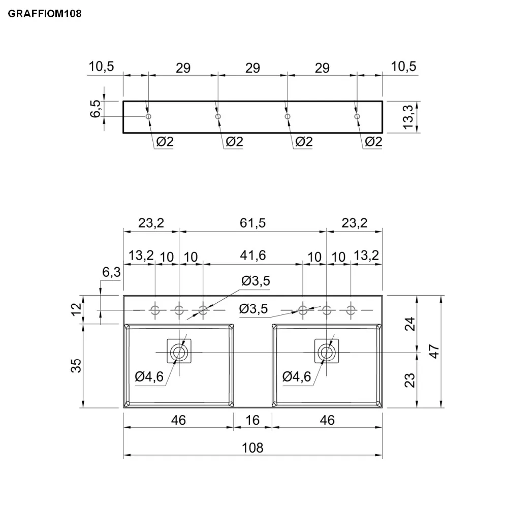 antoniolupi GRAFFIOMOOD Doppel-Wandbecken, 108x47cm, mit 2 Hahnlöchern, weiß matt-GRAFFIOM108-2-2-0-WB