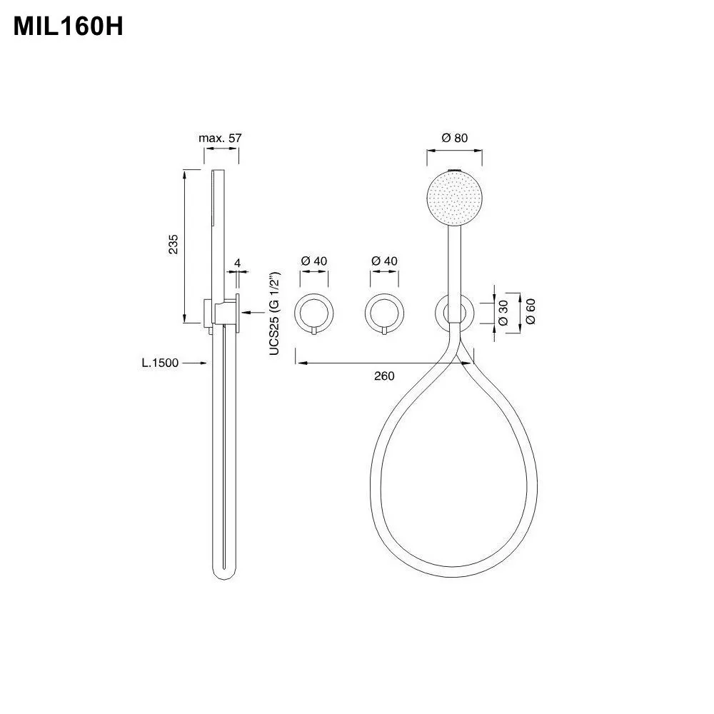 cea MIL 160H Wand-Brause-Thermostat, mit 2/3-Wege-Umstellung und Rundkopf-Handbrause Durchmesser: 80mm, edelstahl satiniert, Schlauch weiß - MIL160HWS cea MIL 160H Wand-Brause-Thermostat, mit 2/3-Wege-Umstellung und Rundkopf-Handbrause Durchmesser: 80mm, edelstahl satiniert, Schlauch weiß - MIL160HWS