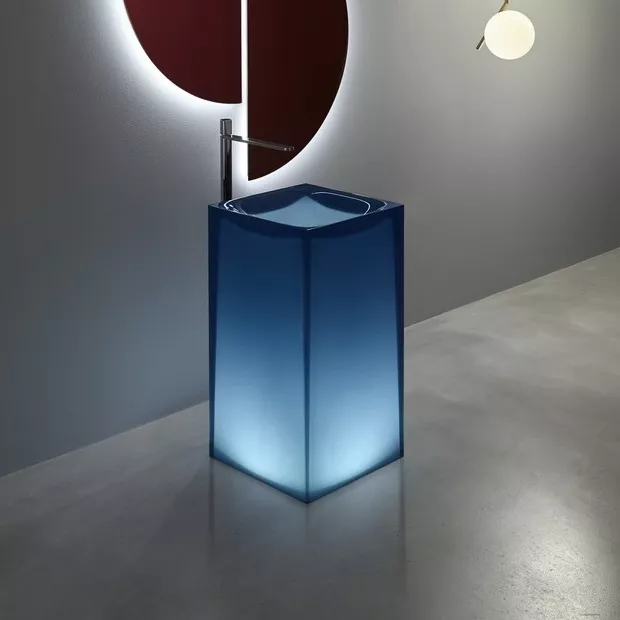 antoniolupi AURA freistehendes Waschbecken, 45x45x85cm, mit LED-Beleuchtung, notturno, Ablaufgarnitur chrom-AURAWLU_NOTTURNO