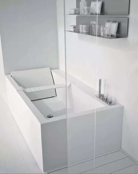 antoniolupi BIBLIO Badewanne mit Armaturenrand hinten, 180x90x53,5cm, 4 Seiten verkleidet, weiß matt, Ablaufgarnitur weiß matt-BIBLIO234L