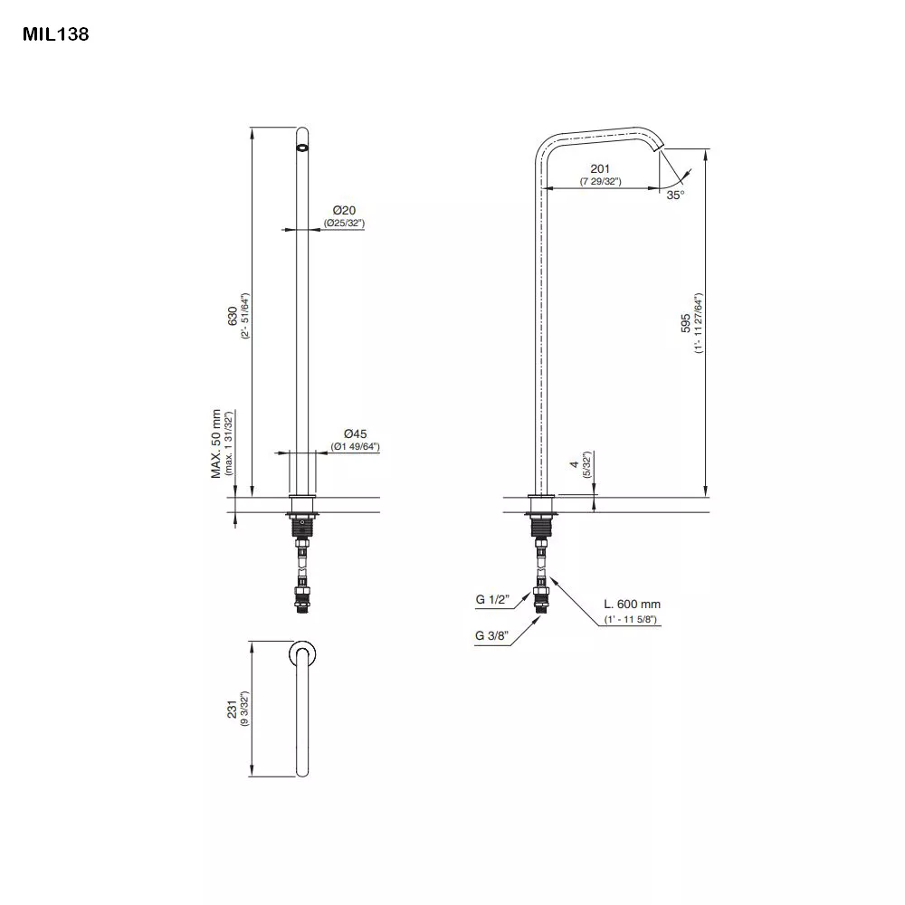 cea MIL 138 schwenkbarer Standauslauf, H:630mm, edelstahl satiniert-MIL138S