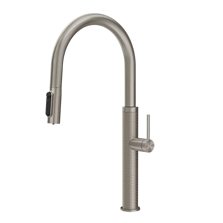 Gessi 316 FILTERED Einhebelmischer mit Schwenkarm und Auszugsbrause mit 2 Strahlfunktionen, mit Filterwasserfunktion, Oberfläche MECCANICA, zur Kombination mit dem Filtrationskit 01595, edelstahl matt gebürstet - 60824239