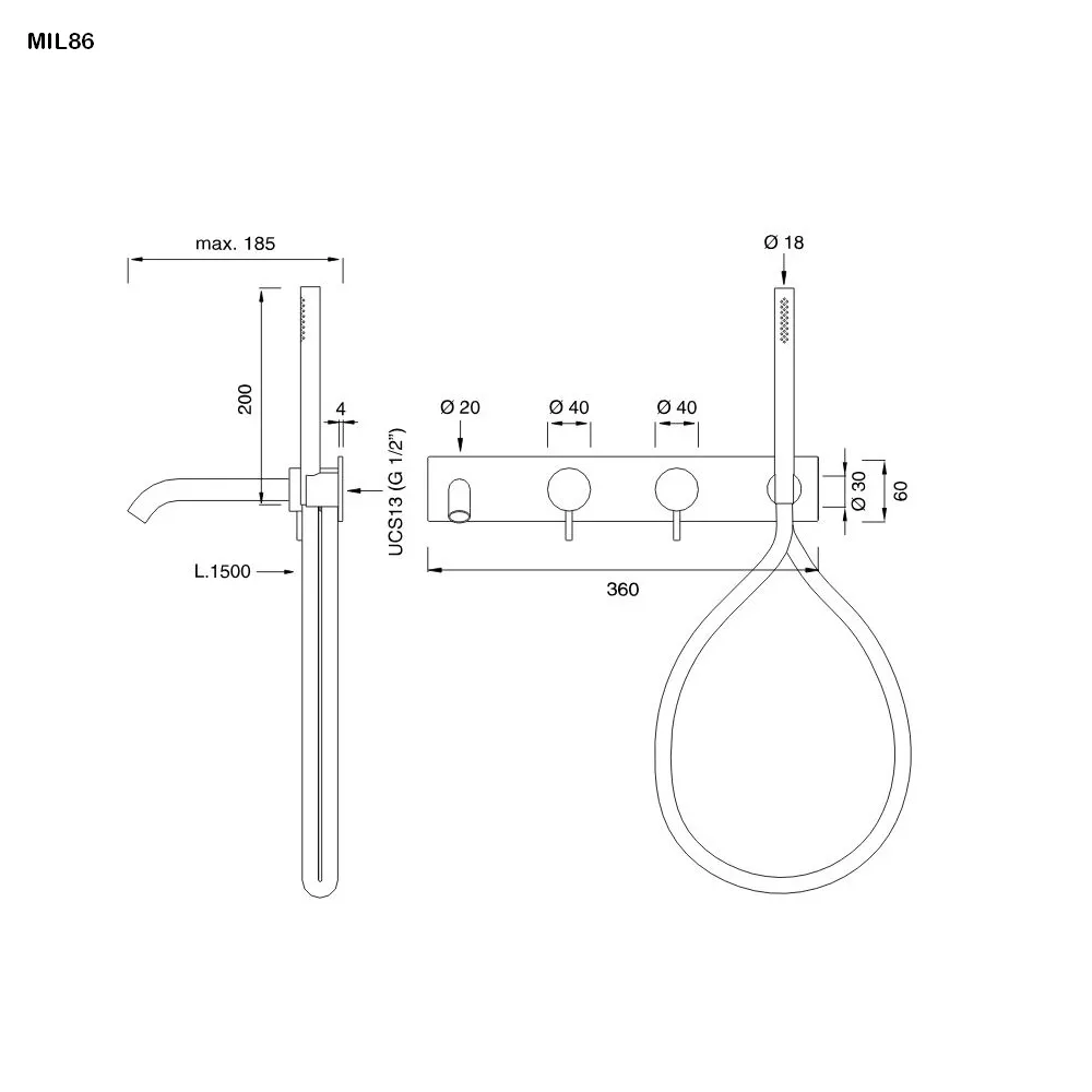 cea MIL 86H Wand-Wannen-Doppel-Eingriffmischer, Ausladung:185mm mit Rundkopf-Handbrause D:80mm, edelstahl satiniert, Schlauch weiß-MIL86HWS