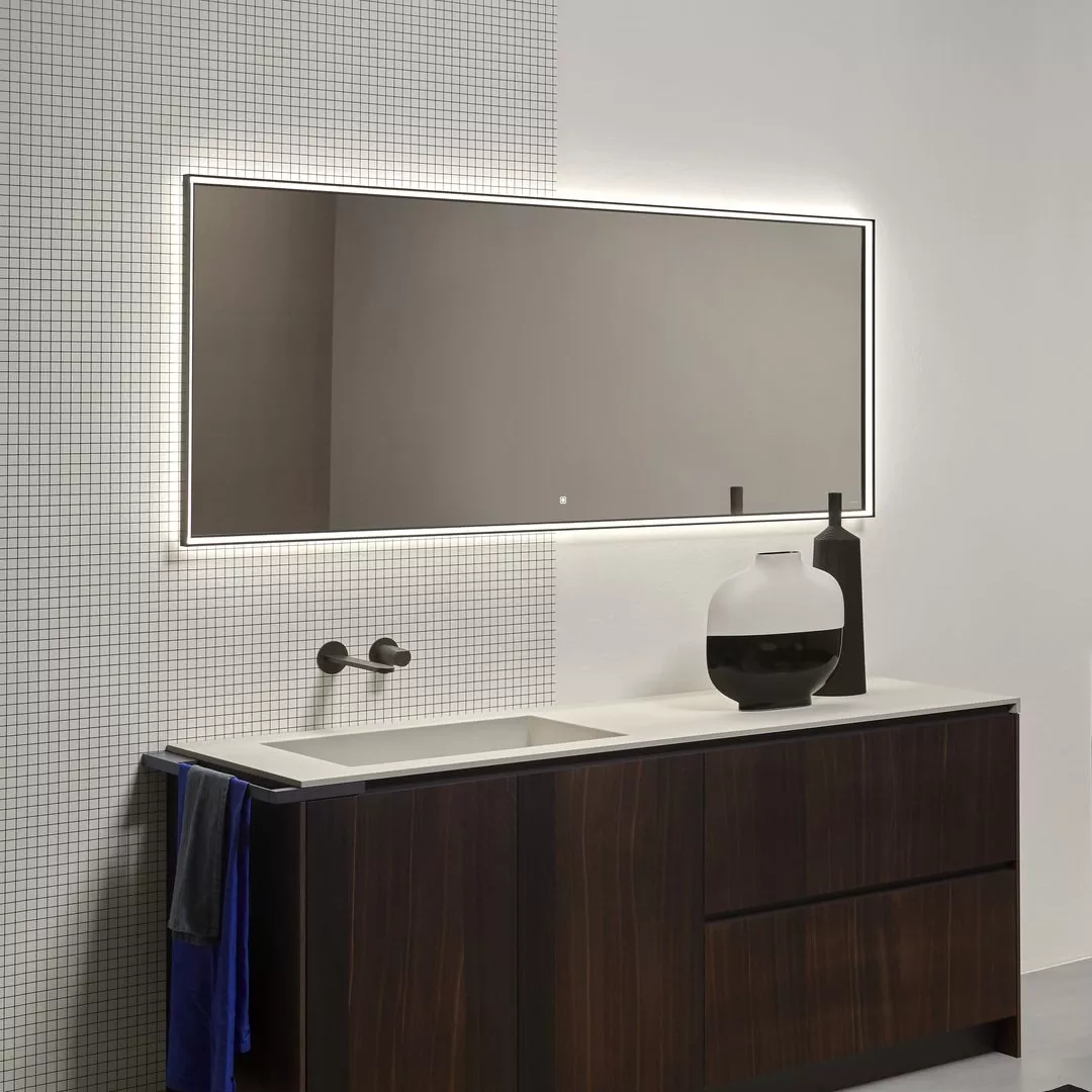 antoniolupi NASTRO rechteckiger Spiegel mit doppelter LED-Beleuchtung und Touch-Schalter zum Dimmen, Breite: 72cm, Höhe: 75cm, Lichtfarbe: 4000K, neutralweiß, Aluminiumrahmen schwarz matt-NASTRO75W72-5-NERO-4000