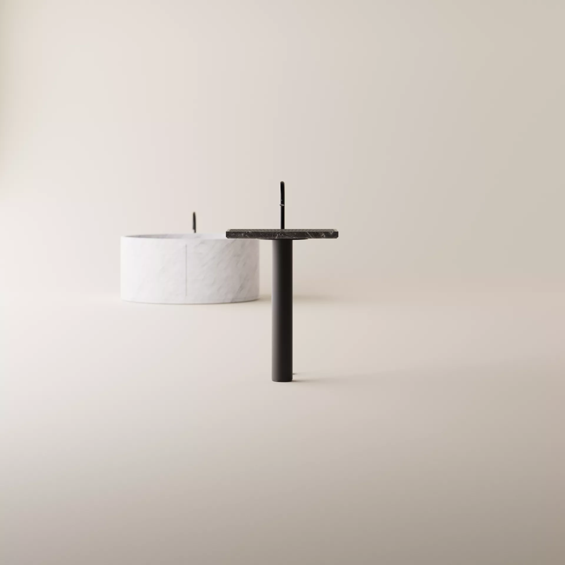 Agape ELL GRID freistehender Waschtisch mit Wandablauf, Breite: 63cm, Tiefe: 38cm, Höhe: 86cm, inklusive Ablaufgarnitur, Säule aus schwarz beschichtetem Stahl, Gitter aus Deep Caviar Corian®, Platte aus Naturstein, nero marquinia - ACER0996VP+ACER0997ME