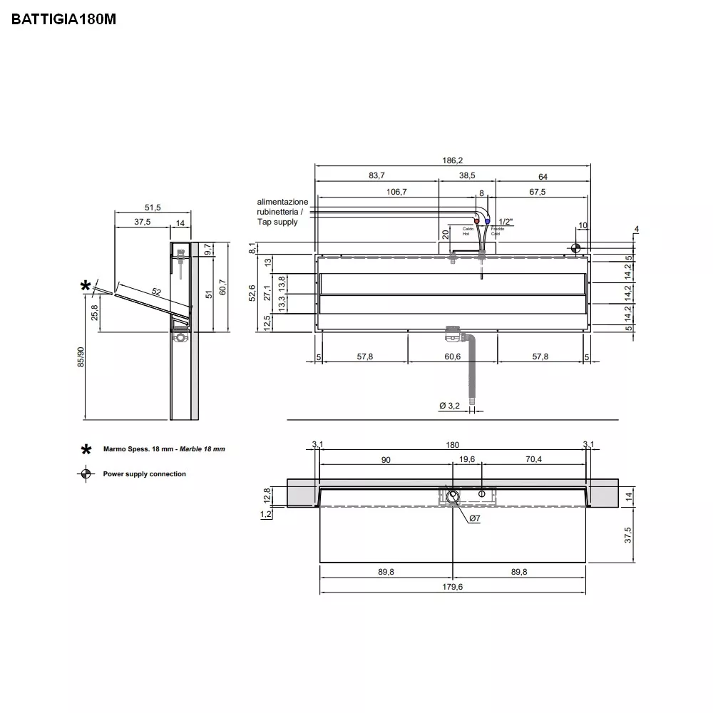 antoniolupi BATTIGIA Wandeinbaubecken mit Marmorplatte, B:180cm, mit LED-Beleuchtung, bianco cararra-BATTIGIA180MLMC