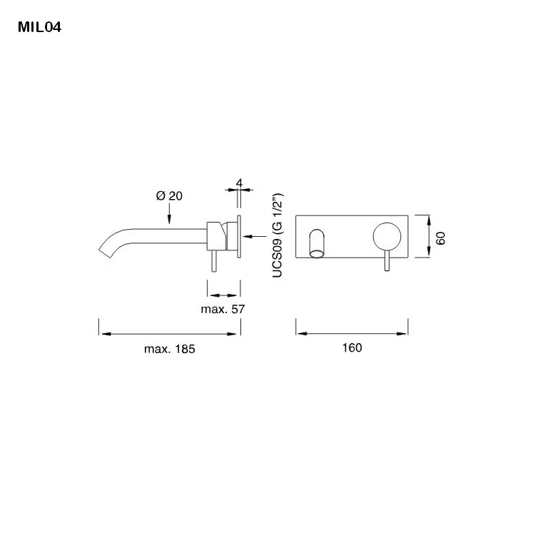 cea MIL 04 Wand-Waschtisch-Eingriffmischer, Ausladung:185mm, edelstahl satiniert-MIL04S