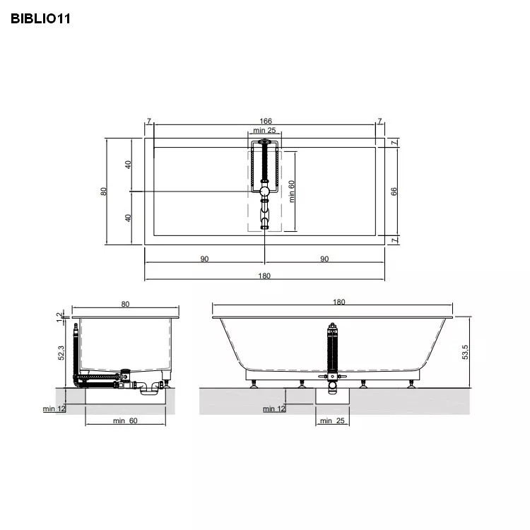 antoniolupi BIBLIO Einbauwanne, 180x80x53,5cm, weiß matt, Ablaufgarnitur edelstahl satiniert-BIBLIO11SA