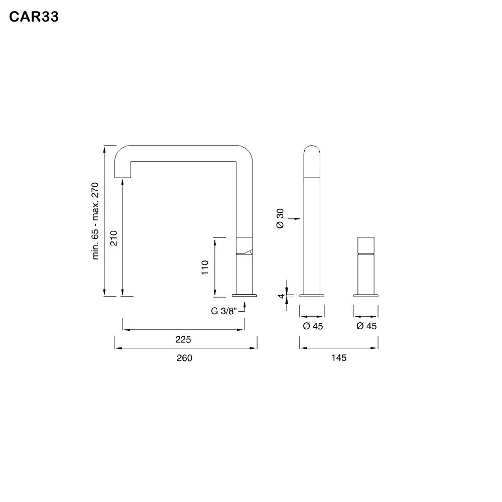 ceadesign CARTESIO Zweiloch-Mischer mit schwenkbarem und höhenverstellbarem Auslauf, Ausladung: 225mm, edelstahl satiniert-CAR33S