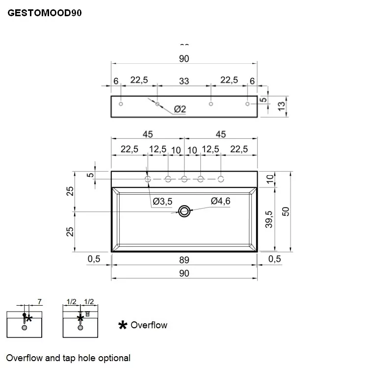antoniolupi GESTOMOOD rechteckiges Wandbecken, 90x50cm, mit 1 Hahnloch, weiß matt, Ablaufgarnitur weiß matt-GESTOMOOD90-2-1-0-WB