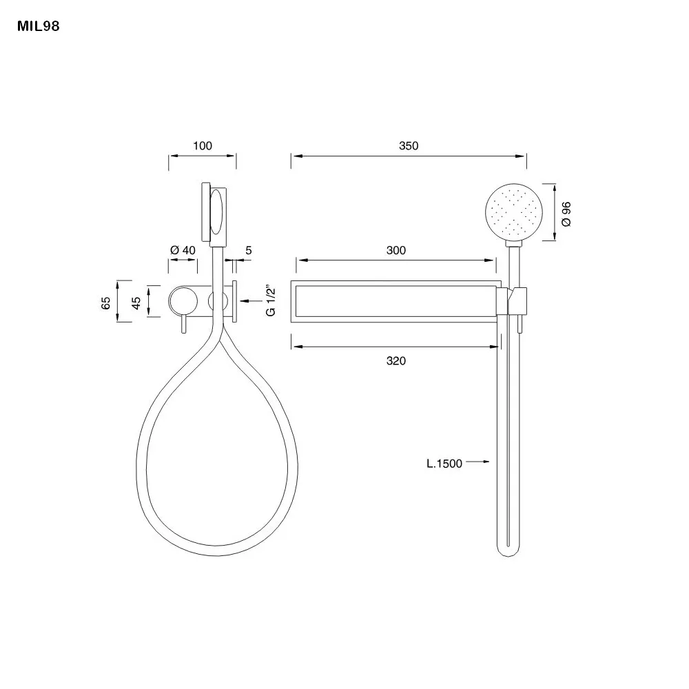 cea MIL 98 Aufputz-Brause-Eingriffmischer mit Rundkopf-Handbrause aus Delrin® D:96mm, edelstahl satiniert, Schlauch weiß-MIL98WS