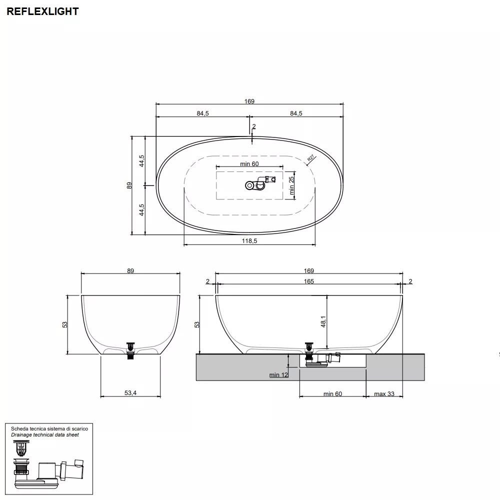 antoniolupi REFLEXLIGHT freistehende Badewanne aus Flumood®, 169x89x53cm, Wanneninnenraum weiß matt, außen lackiert in mamba-REFLEXLIGHT-5-MAMBA
