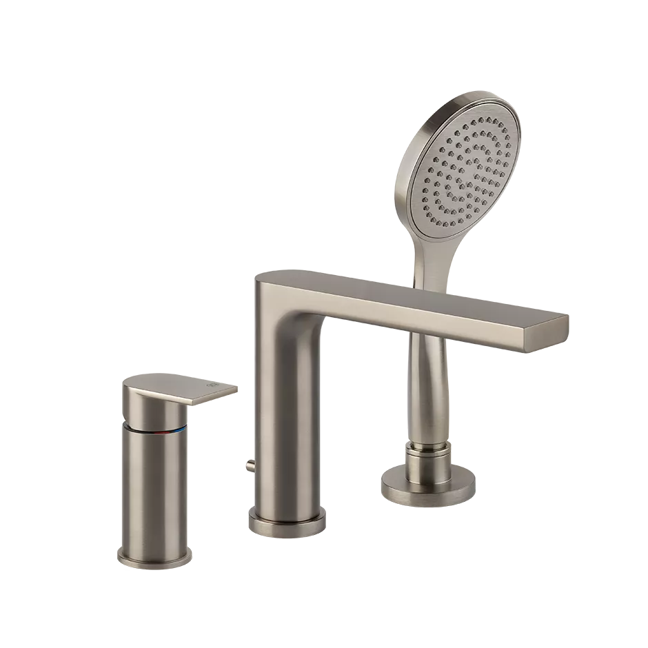 Gessi VIA MANZONI 3-Loch-Wannenarmatur mit Auslauf zur Wannenrandmontage, Ausladung: 224mm, 2-Wege, mit integriertem Umsteller, Schlauch 1,50m, herausziehbarer Antikalk-Handbrause, Finox Optik - 38634149