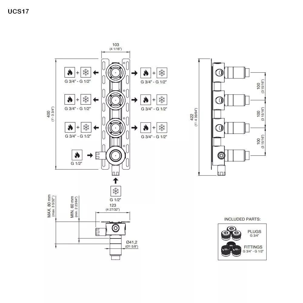 cea Unterputz-Einbauteil-Thermostat mit 3 Absperrventilen-UCS17
