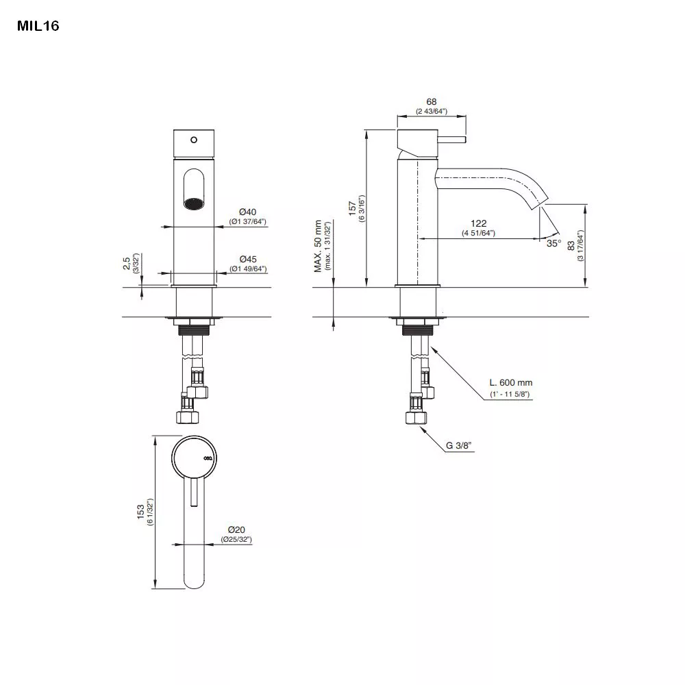 cea MIL 16 Waschtisch-Eingriffmischer, H:155mm, edelstahl satiniert-MIL16S