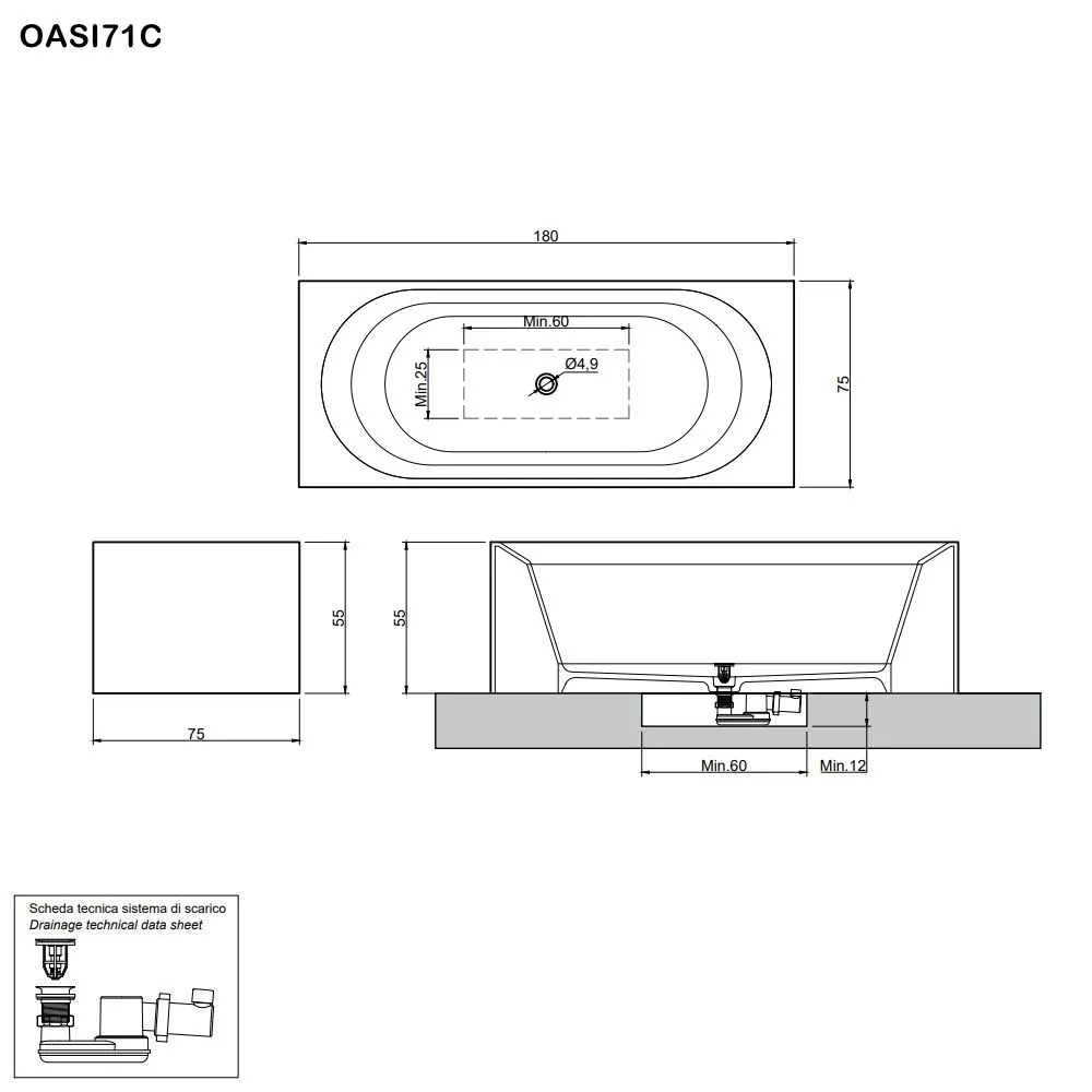 antoniolupi OASI rechteckige freistehende Badewanne aus Cristalplant®, Breite: 180cm, Tiefe: 75cm, weiß matt-OASI71C